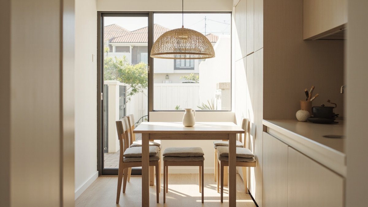 Illustrative concept design: Muji-style terrace dining area with a light wood table, oak chairs and a woven rattan dome pendant