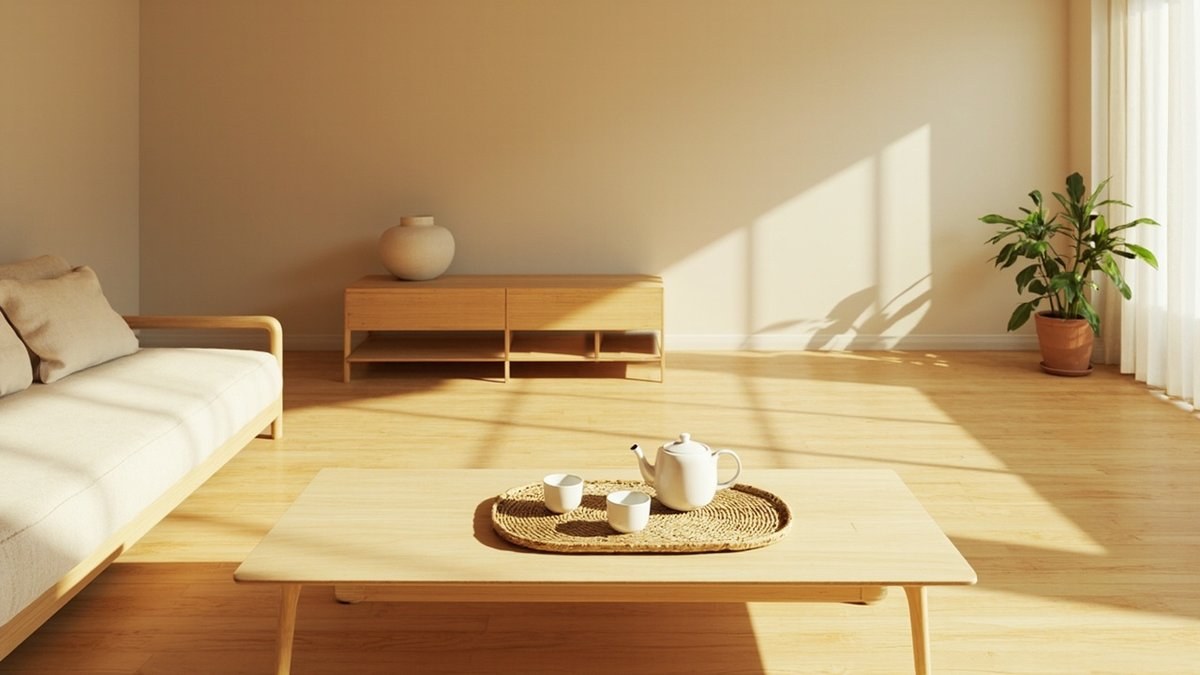 Illustrative concept design: Muji-style living room seen from above: a light oak coffee table with a rattan tray, white teapot and cups