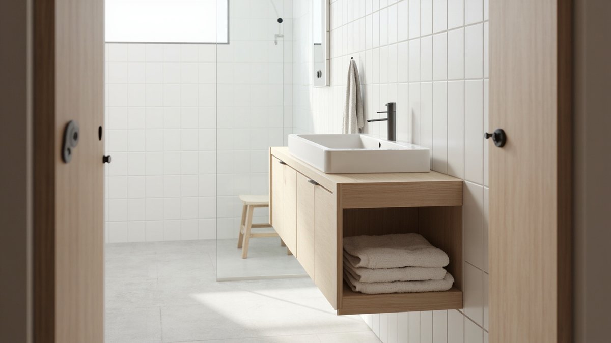 Illustrative concept design: Muji-style bathroom with white wall tiles and a light ash wall-hung vanity holding folded towels