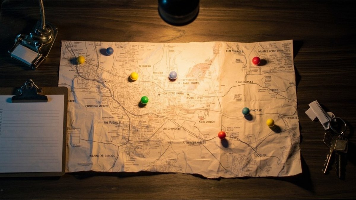 Map with pins marking a chain of outlets beside a maintenance checklist and tagged keys