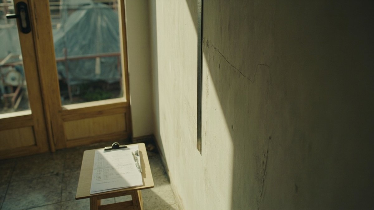 Pencil marks and a ruler beside a wall crack recorded before a neighbour's renovation next door