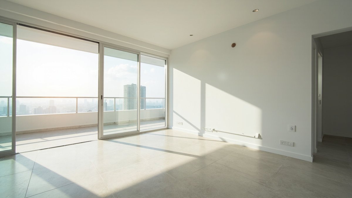 Bare new condo unit after handover with new floor tiles and an empty kitchen space