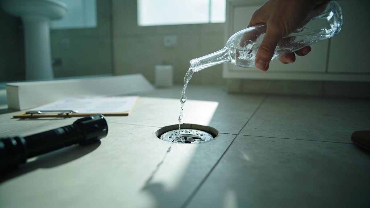 Pouring water toward the floor trap during a new condo bathroom VP inspection