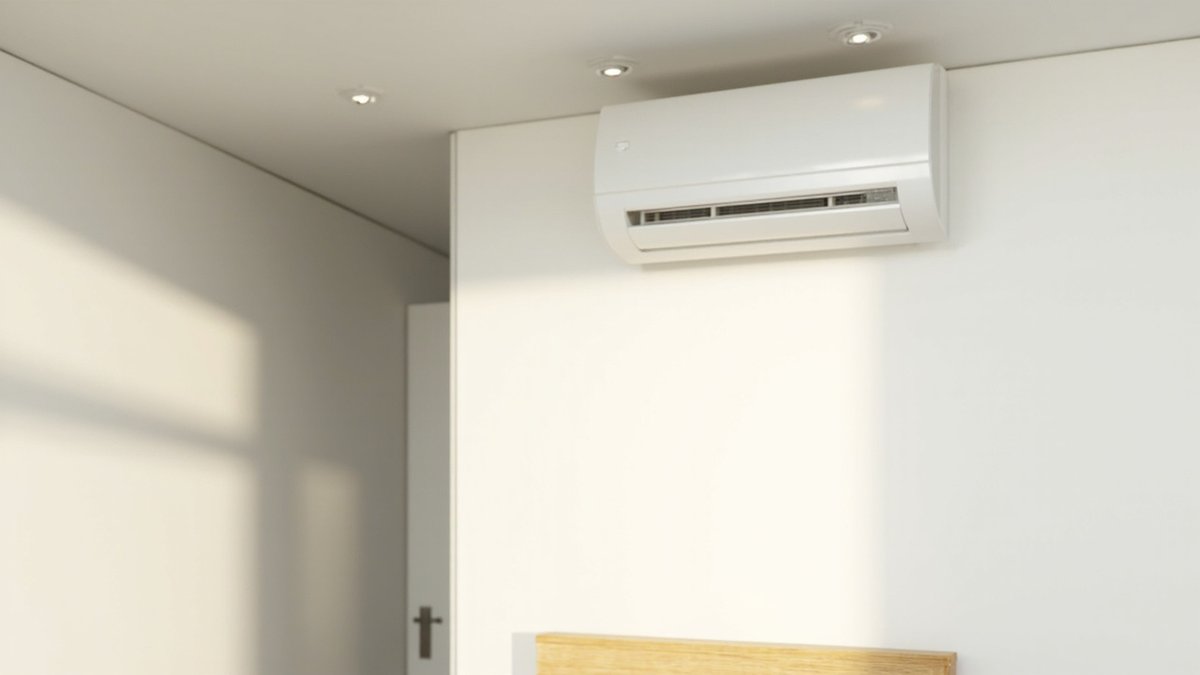 Illustrative concept design: plain white wall-mounted aircon unit on a clean wall with no visible trunking