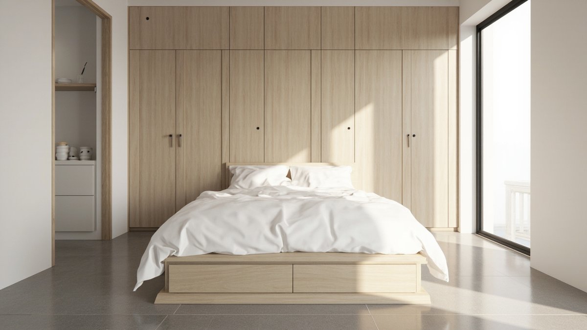 Illustrative concept design: full-height light oak built-in wardrobe wall behind a bed with white linen