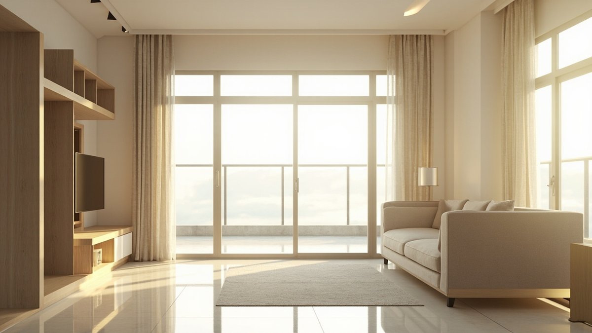 Illustrative concept design: cream living room with full-height linen curtains, a beige sofa and a soft rug