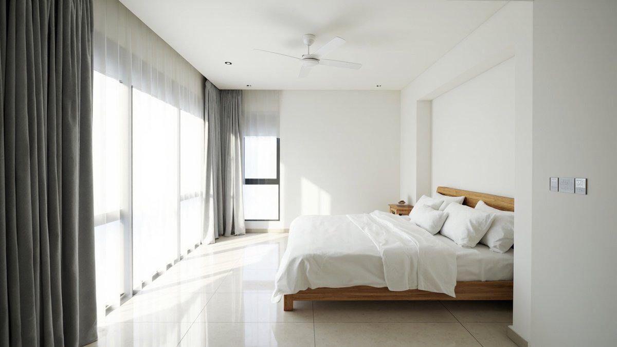 Illustrative concept design: simple master bedroom with grey curtains, a white ceiling fan and a timber bed with white linen