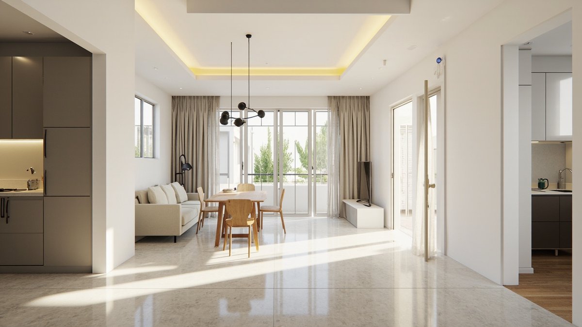 Illustrative concept design: new terrace ground floor with light tiles kept, a cove-lit plaster ceiling, a beige sofa, an oak dining set and linen curtains