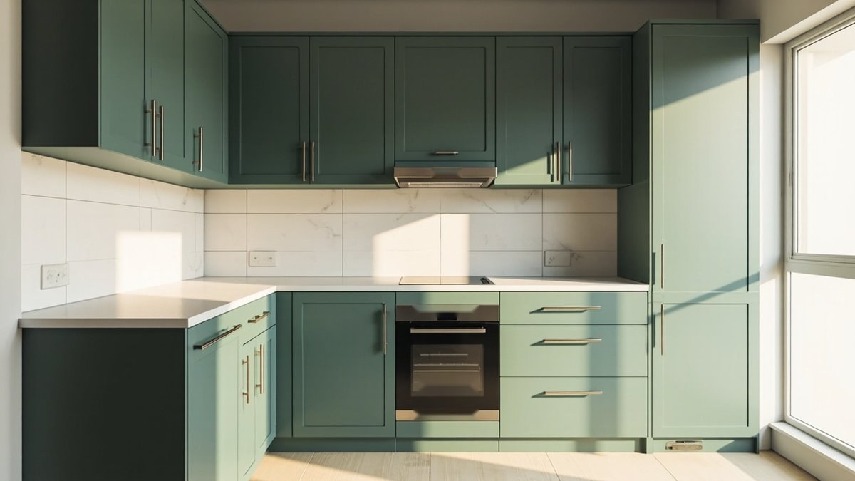 Illustrative concept design: dark sage green shaker cabinets with a white worktop, marble-look tiles and a built-in oven