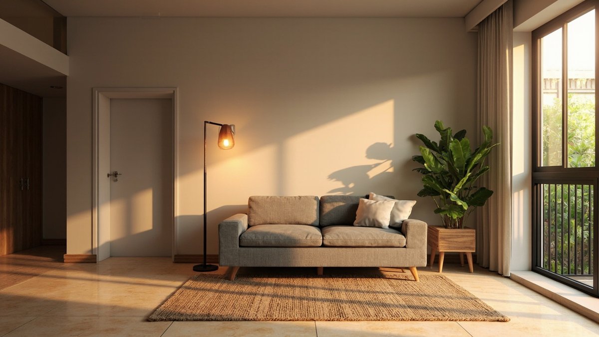 Illustrative concept design: living room on beige developer tiles with a jute rug, a grey sofa, a floor lamp and a plant