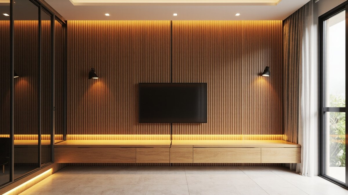 Illustrative concept design: fluted timber-look feature wall with warm lighting, wall lamps and a floating timber console