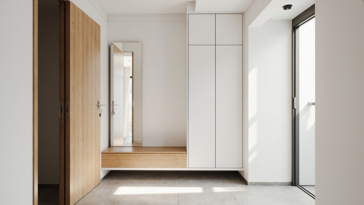 Illustrative concept design: entrance with a tall white shoe cabinet, a timber bench and a full-length mirror