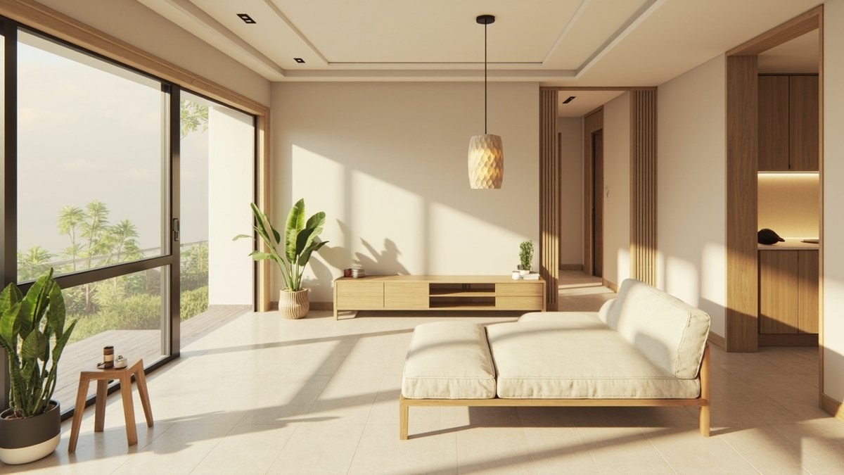 Illustrative concept design: calm living room with a light oak console, a linen daybed sofa, a paper-look pendant and plants
