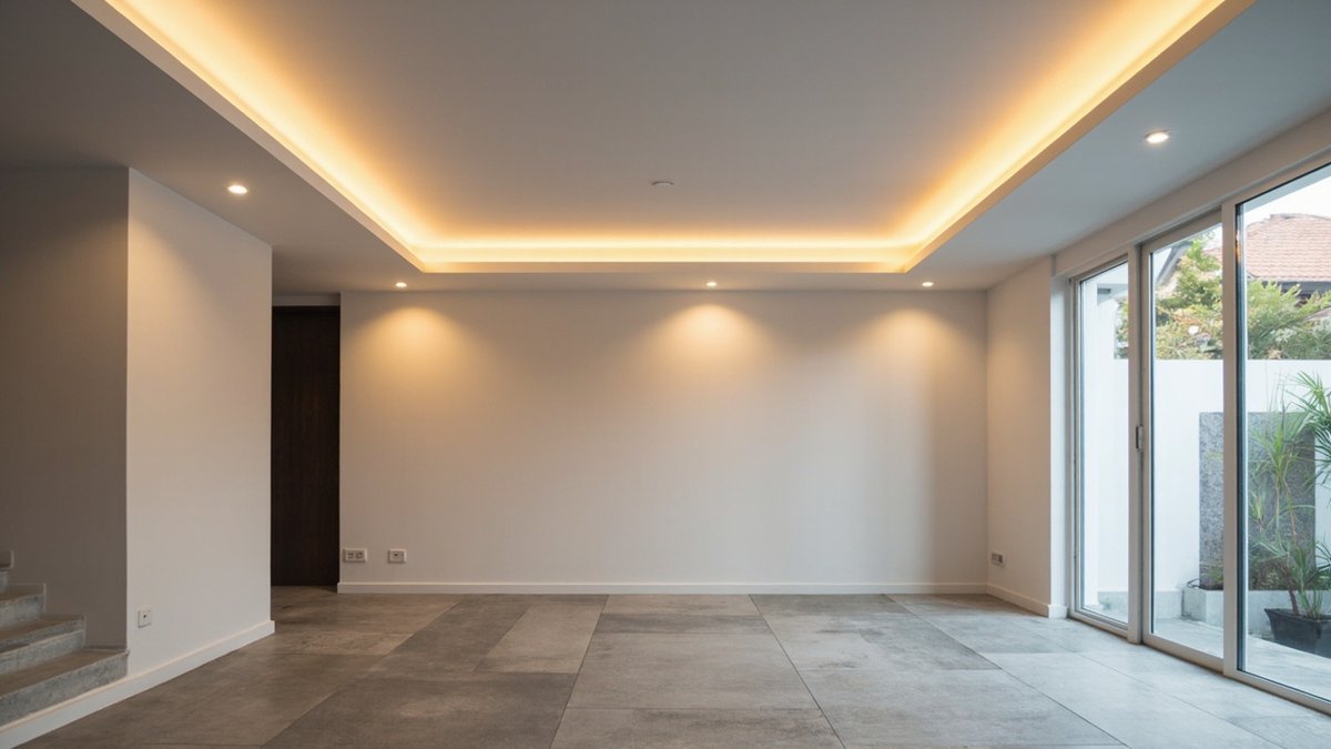 Illustrative concept design: empty new living room with a cove-lit plaster ceiling, downlights and grey floor tiles