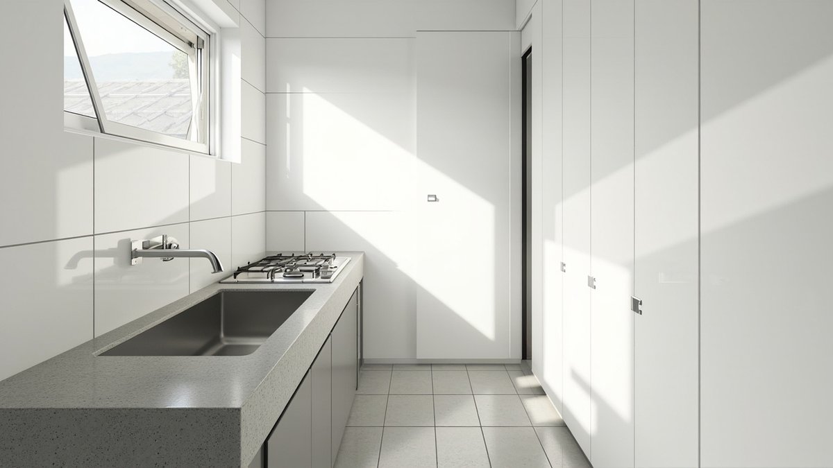 Illustrative concept design: white tiled wet kitchen with a stone-look counter, deep sink, gas hob and tall white cabinets