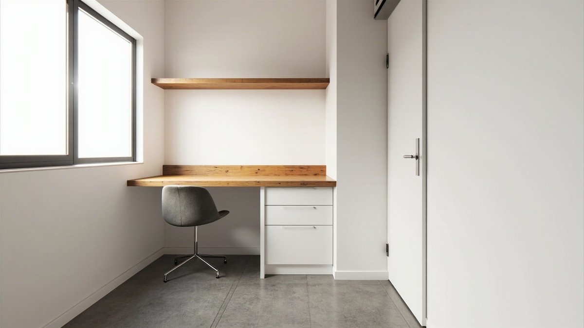 Illustrative concept design: small study with a timber desk top over white drawers, a floating shelf and a grey task chair