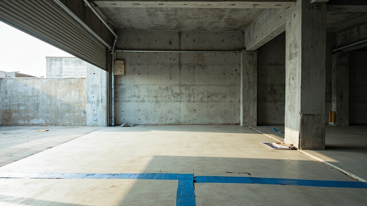 Bare new shoplot unit with raw concrete floor, capped services and tape marking a floor crack