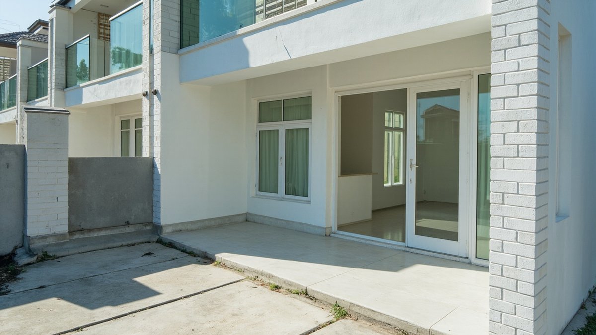 Newly completed double-storey terrace house with a bare developer finish and short car porch