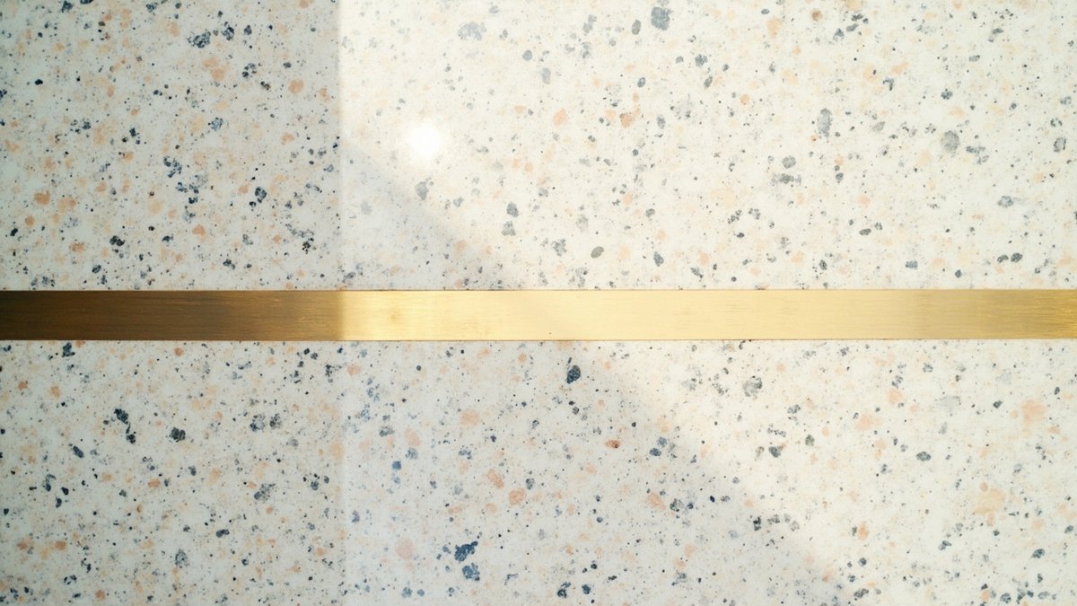 Freshly ground cast in-situ terrazzo with marble chips and a brass divider strip