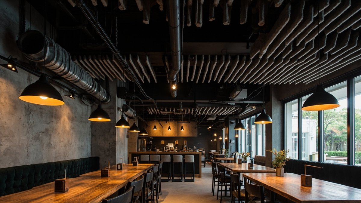 Dark felt acoustic baffles hung between exposed ducts above the tables of an industrial-style cafe