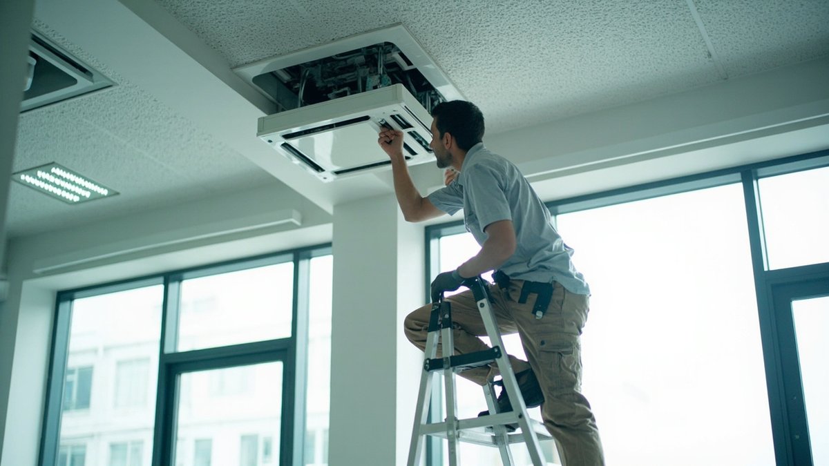 Technician servicing a ceiling cassette air conditioner in an office