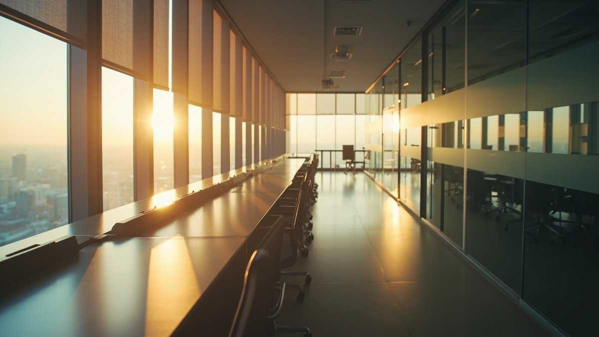Office perimeter desks beside tall glass with sunscreen roller blinds and a meeting room with privacy film