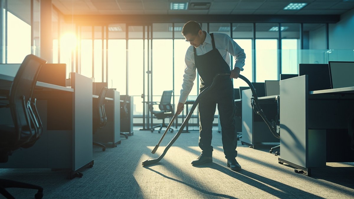 A commercial cleaning crew cleaning a modern Malaysian office