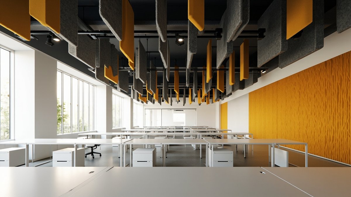 Illustrative concept design: rows of white desks under grey and mustard felt baffles with a mustard acoustic wall panel