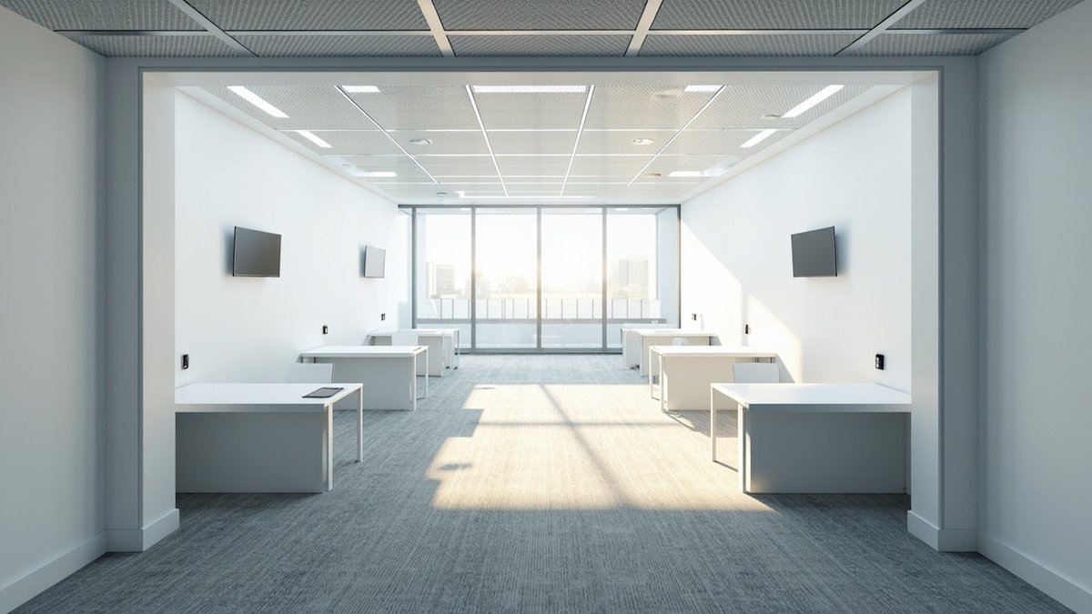 Illustrative concept design: narrow office with plain white desks in two rows, a grid ceiling with LED panels and an end window