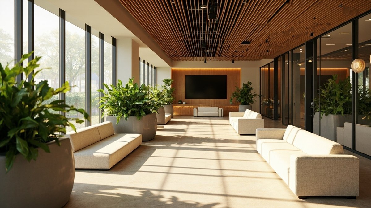 Illustrative concept design: sunlit office lounge with large planters of leafy plants, cream sofas and a timber slat ceiling