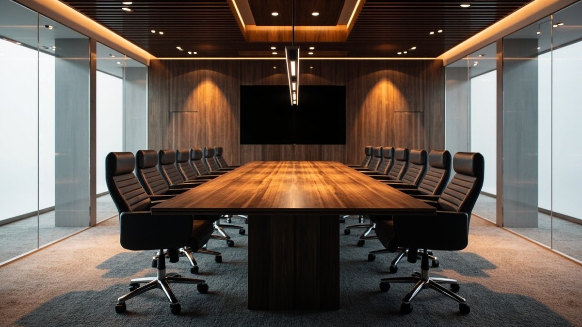 Illustrative concept design: boardroom with a long walnut table, black leather chairs and a walnut-panelled end wall