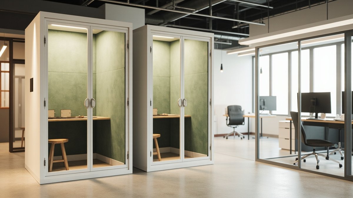 Illustrative concept design: two white focus booths with glazed doors, sage felt lining and oak shelf desks