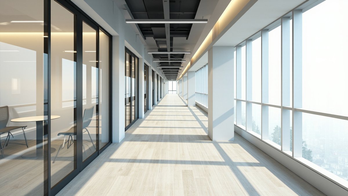 Illustrative concept design: black-framed glass meeting rooms with round tables along a long, bright office corridor