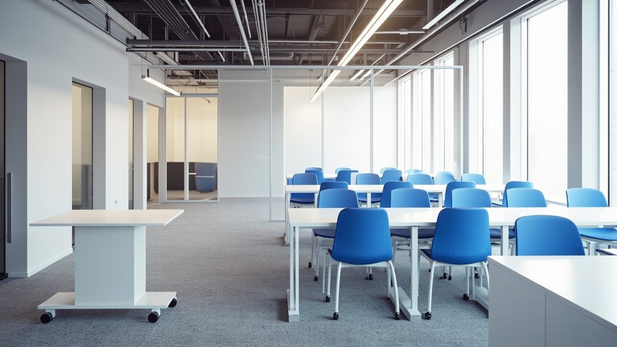 Illustrative concept design: hybrid office zone with white tables, cobalt blue chairs on castors and a mobile standing table