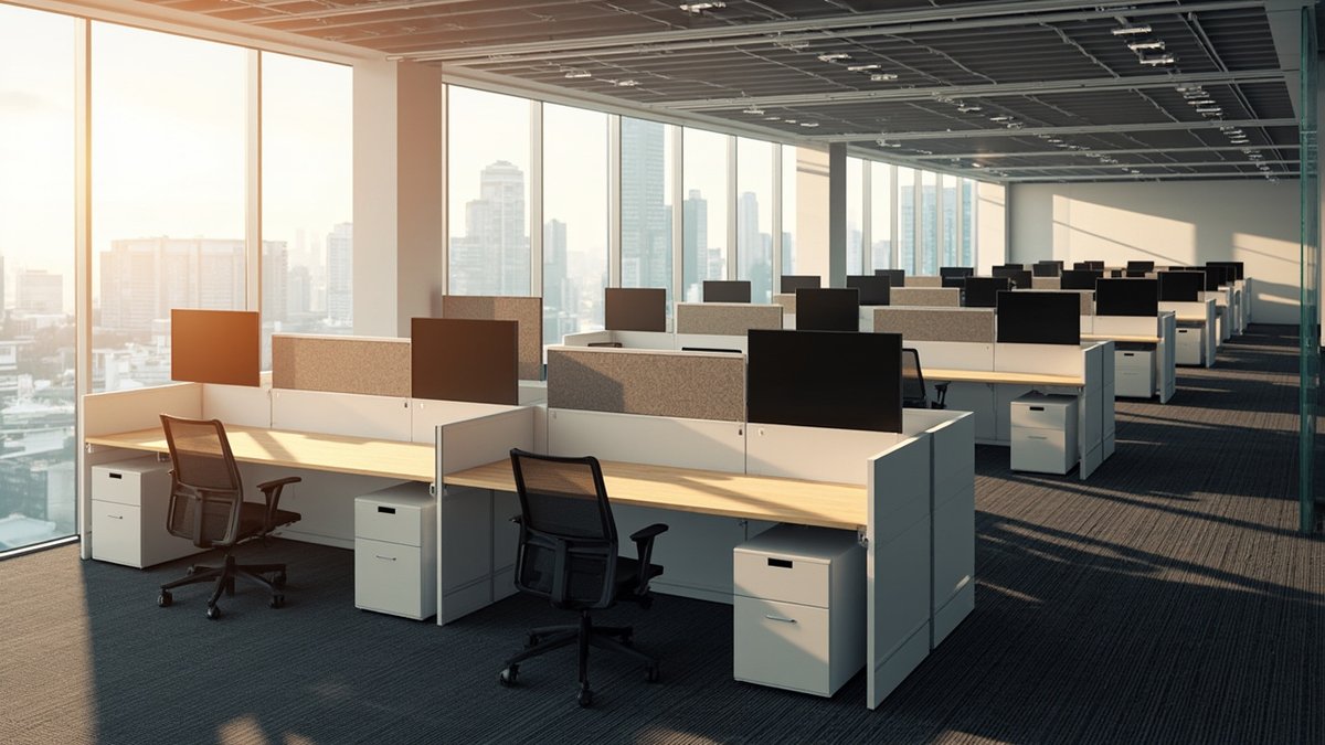 Illustrative concept design: rows of oak-topped workstations with tan fabric screens beside tall windows on an office floor