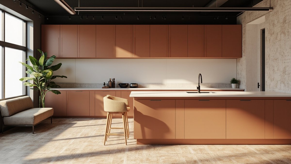 Illustrative concept design: office pantry with terracotta cabinets, a terracotta island with a white top and a sofa by the window