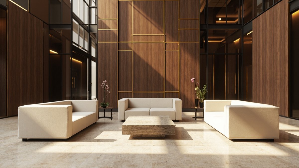 Illustrative concept design: premium client lounge with cream sofas, a travertine table and walnut walls with a brass grid