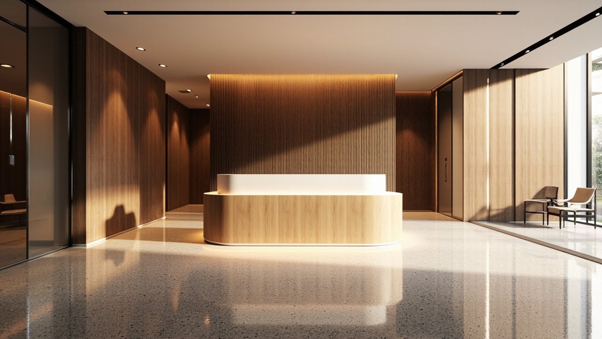 Illustrative concept design: rounded light-oak reception counter with a white top in front of a dark fluted timber wall