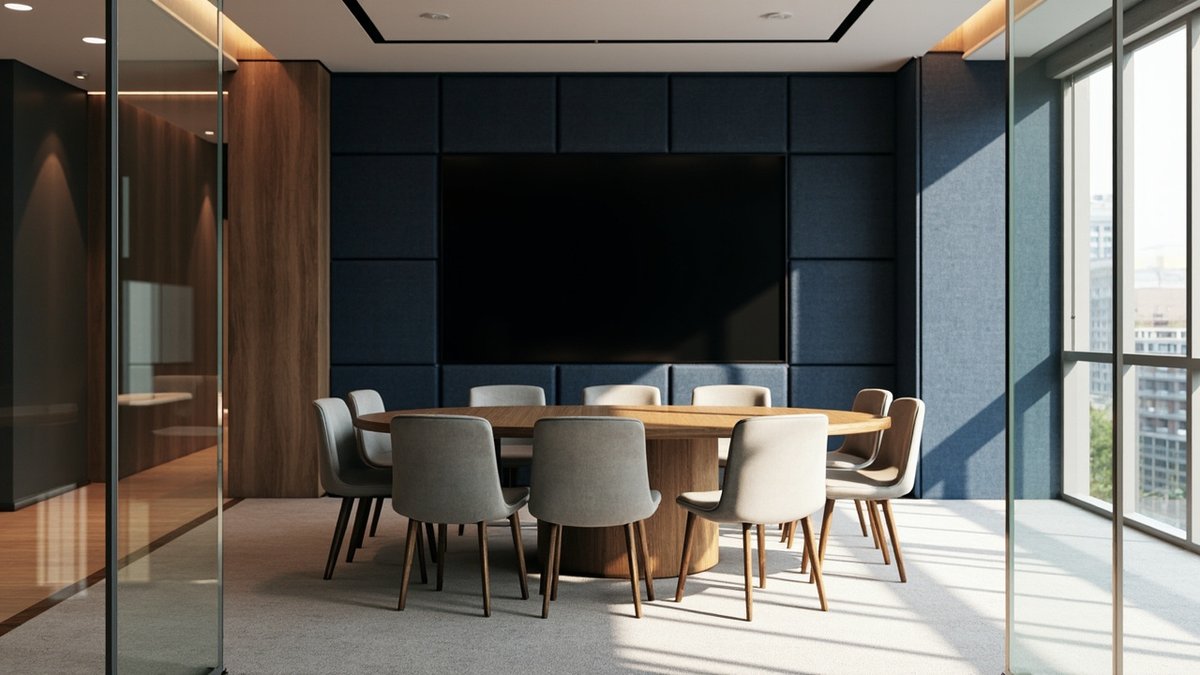 Illustrative concept design: glass-fronted meeting room with a round walnut table, grey chairs and navy acoustic panels