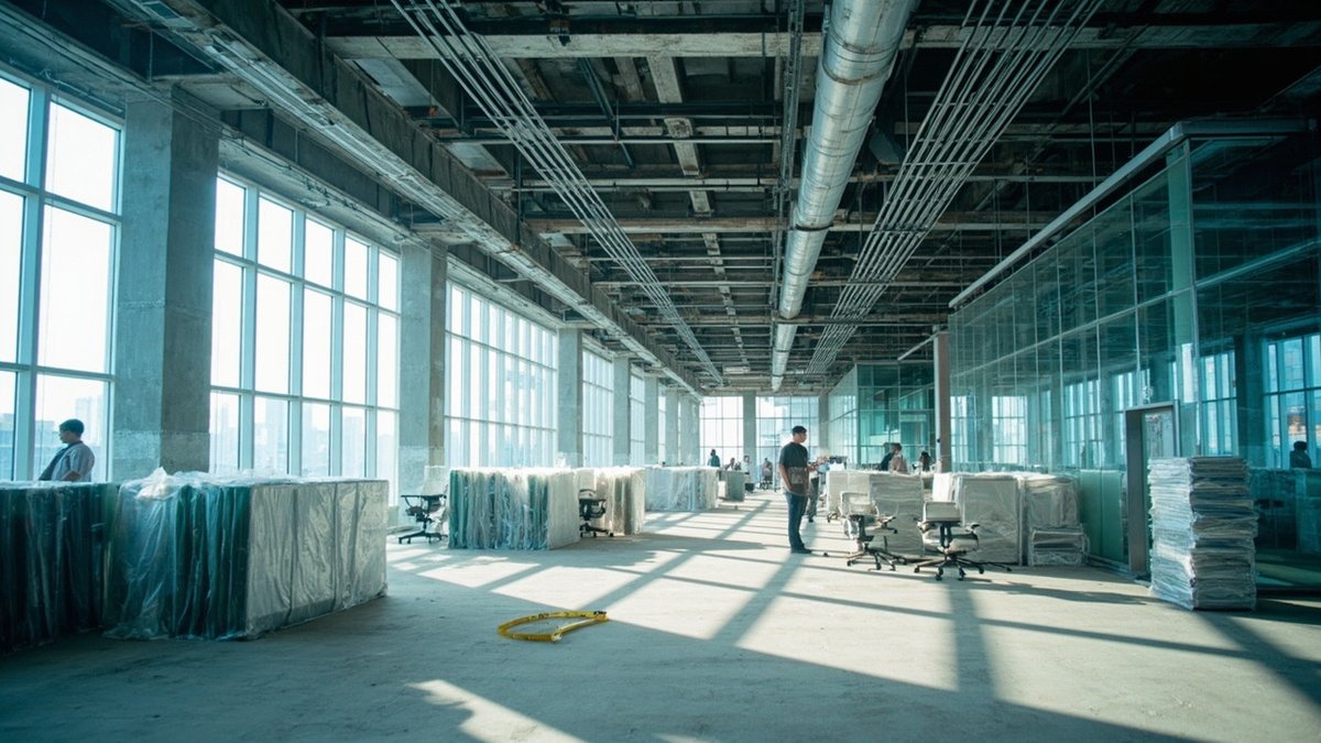 Open-plan office mid-fit-out with glass partitions and wrapped chairs stacked inside