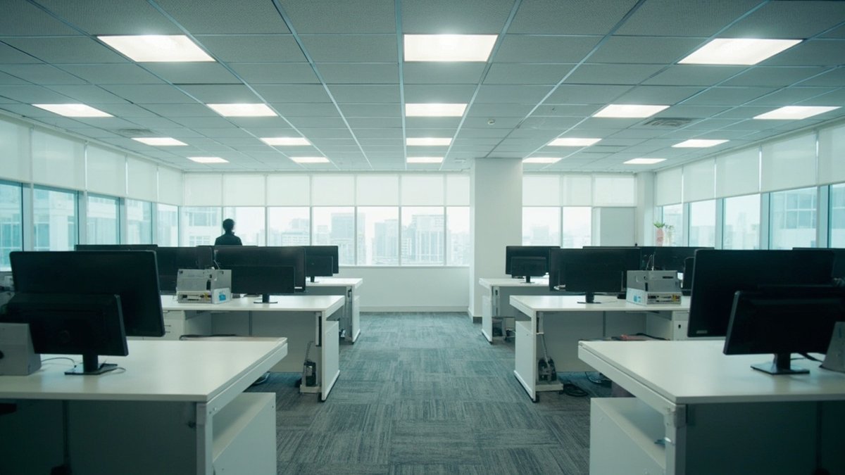 Open-plan office with recessed LED panels evenly spaced in a grid ceiling above rows of desks