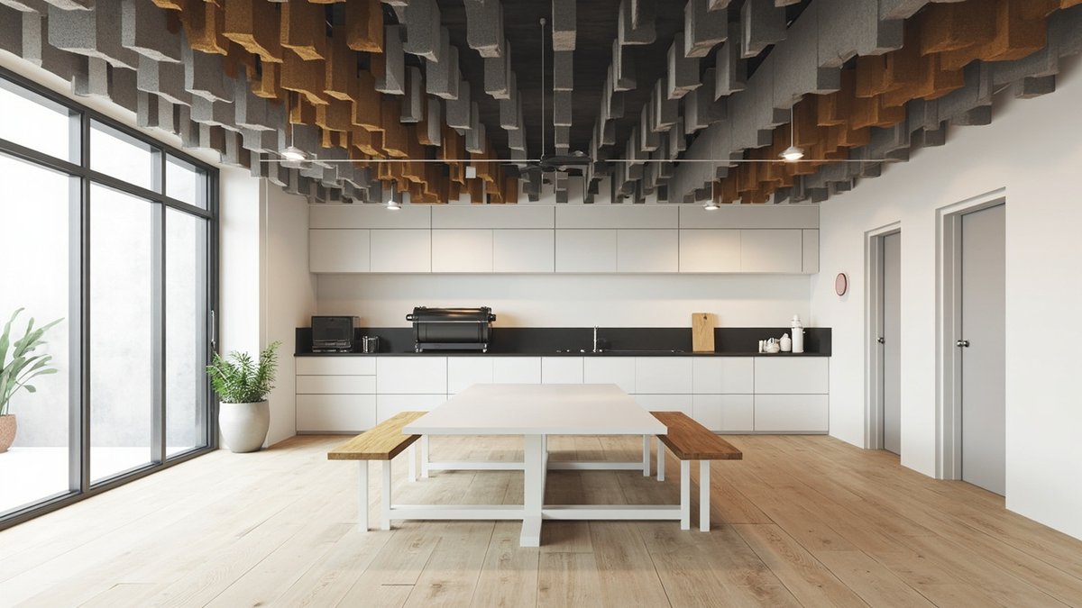 Illustrative concept design: hanging grey and cork acoustic blocks over a pantry lunch table