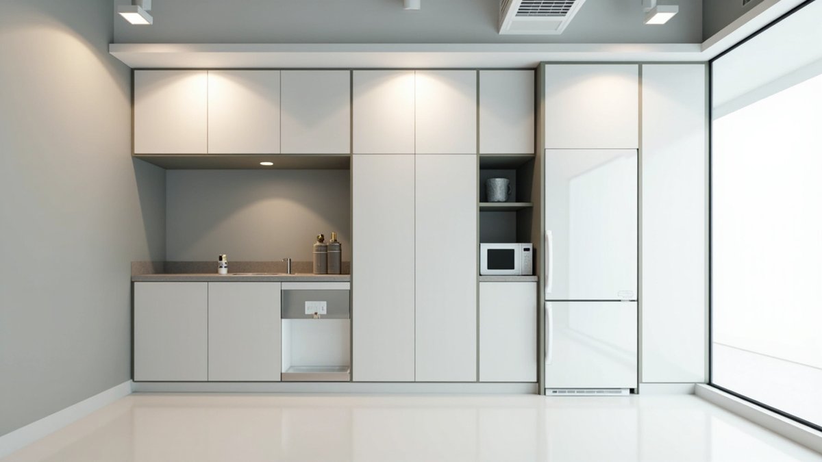 Illustrative concept design: tall white cabinet bank with dispenser, microwave and fridge niches