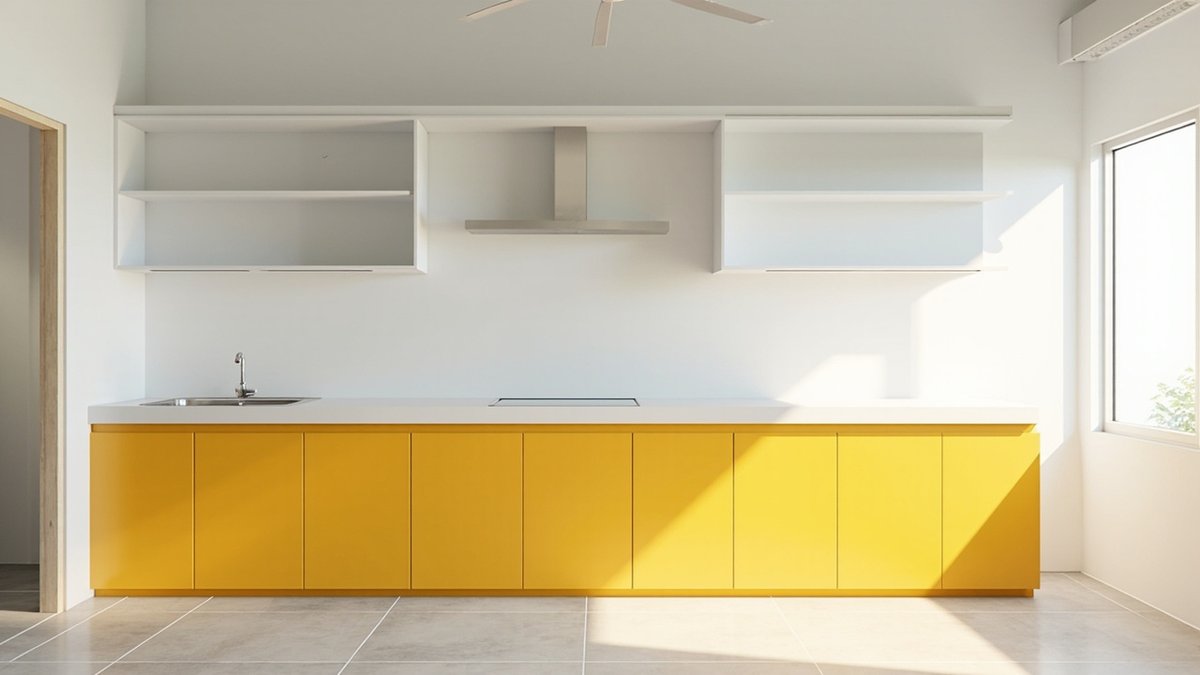 Illustrative concept design: mustard yellow pantry base cabinets under open white wall shelves