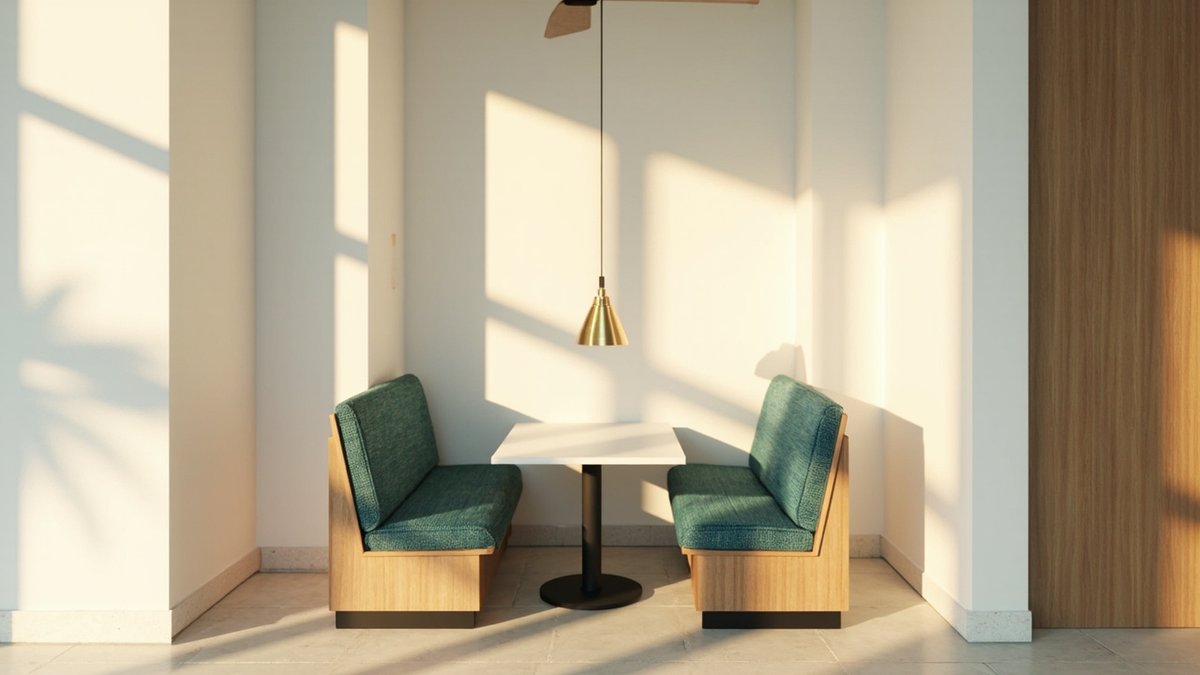 Illustrative concept design: teal-green booth seats around a white table under a brass pendant