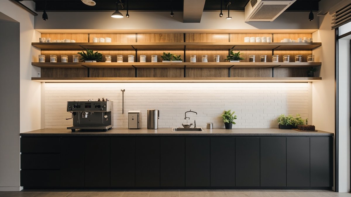 Illustrative concept design: black coffee station with backlit oak shelves and a white tile backsplash