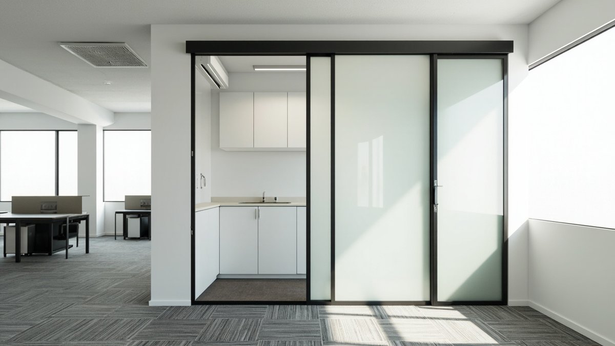 Illustrative concept design: black-framed frosted sliding door closing off a white office pantry