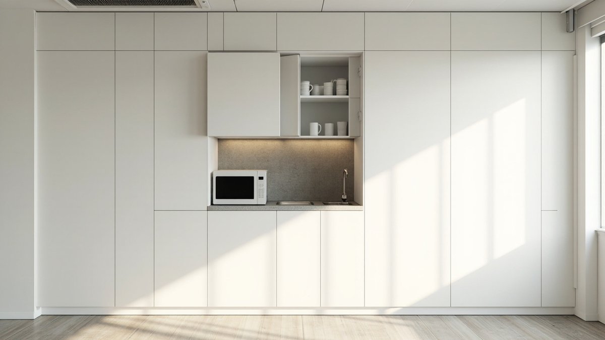 Illustrative concept design: white full-height door wall with one bay opened to a small pantry