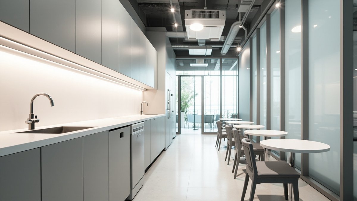 Illustrative concept design: long grey pantry run with two sinks beside a row of round tables