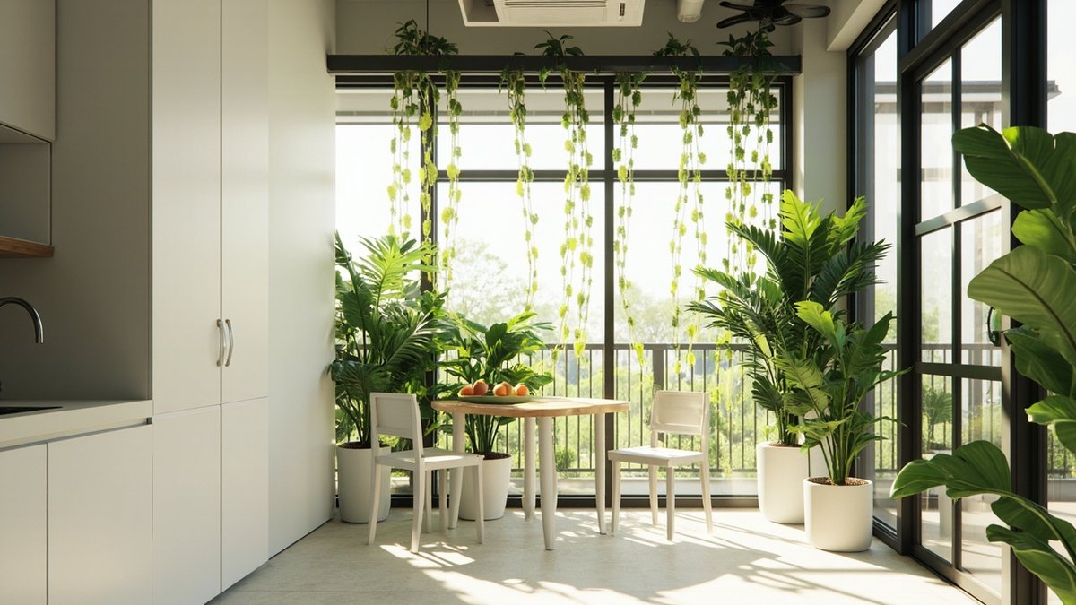 Illustrative concept design: pantry window corner with trailing plants and a round timber table